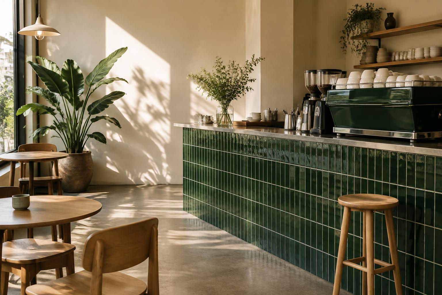 Illustrative coffee shop website with a sunlit green-tiled café